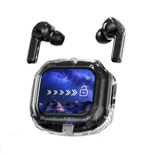 Wireless earbuds with transparent charging case displaying cosmic lock screen