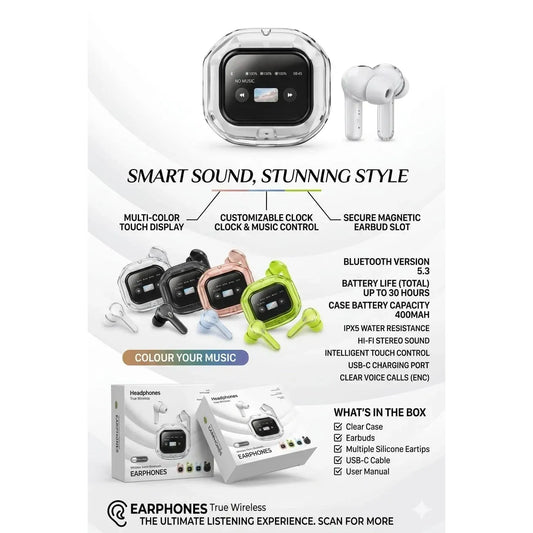 True Wireless Earbuds with Smart Touch Display, Bluetooth 5.3, IPX5 Water Resistance, 30-Hour Battery Life