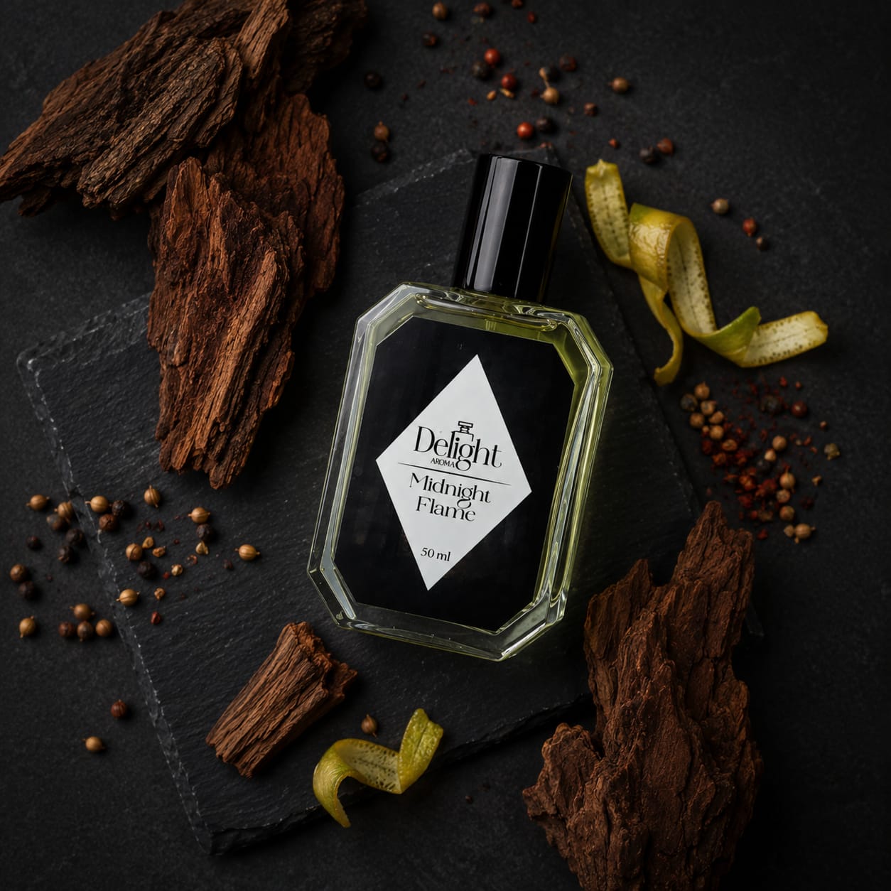 Midnight Flame perfume bottle close up - amber cedar sandalwood fragrance