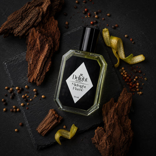 Midnight Flame perfume bottle close up - amber cedar sandalwood fragrance