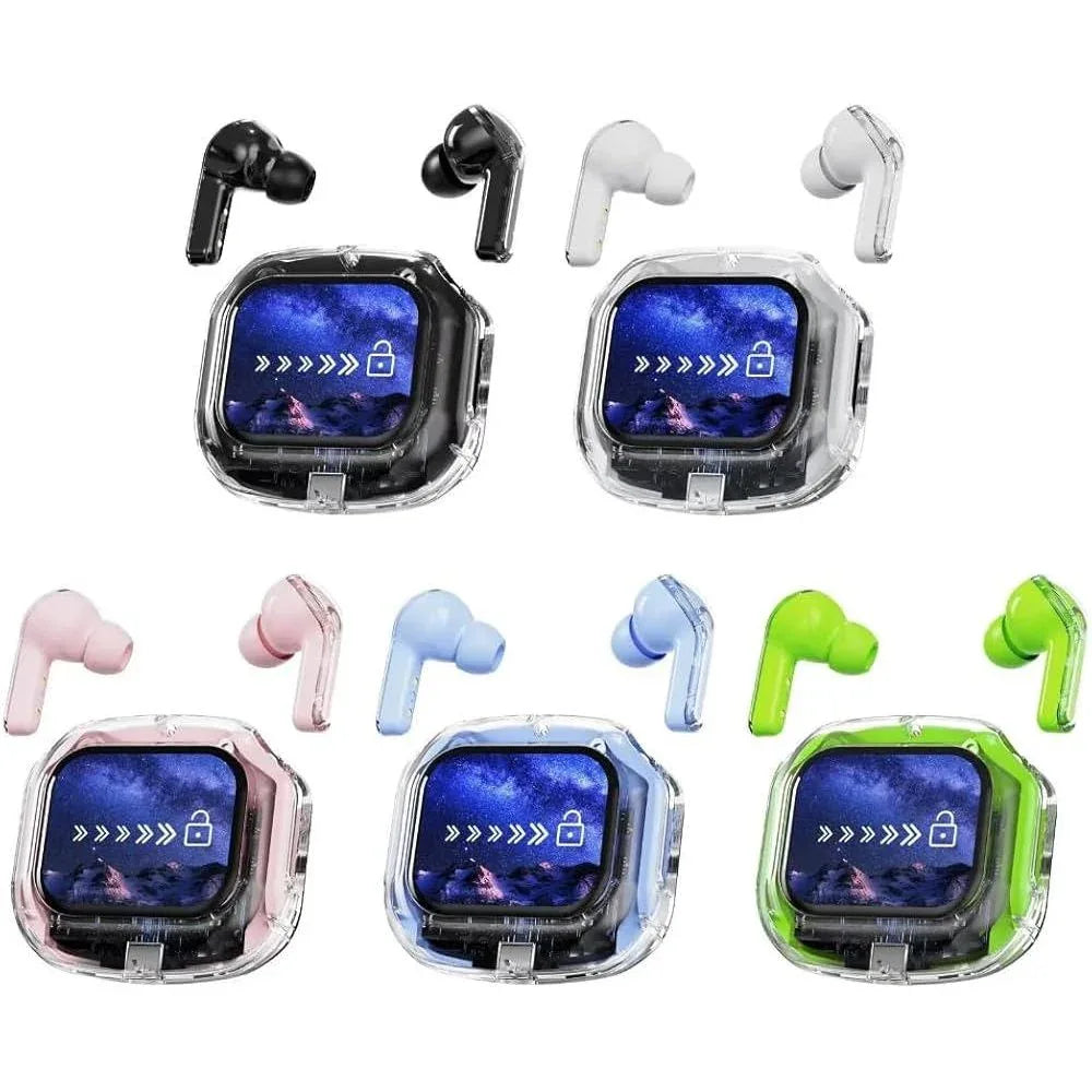 Wireless earbuds with charging cases in black, white, pink, blue, and green colors